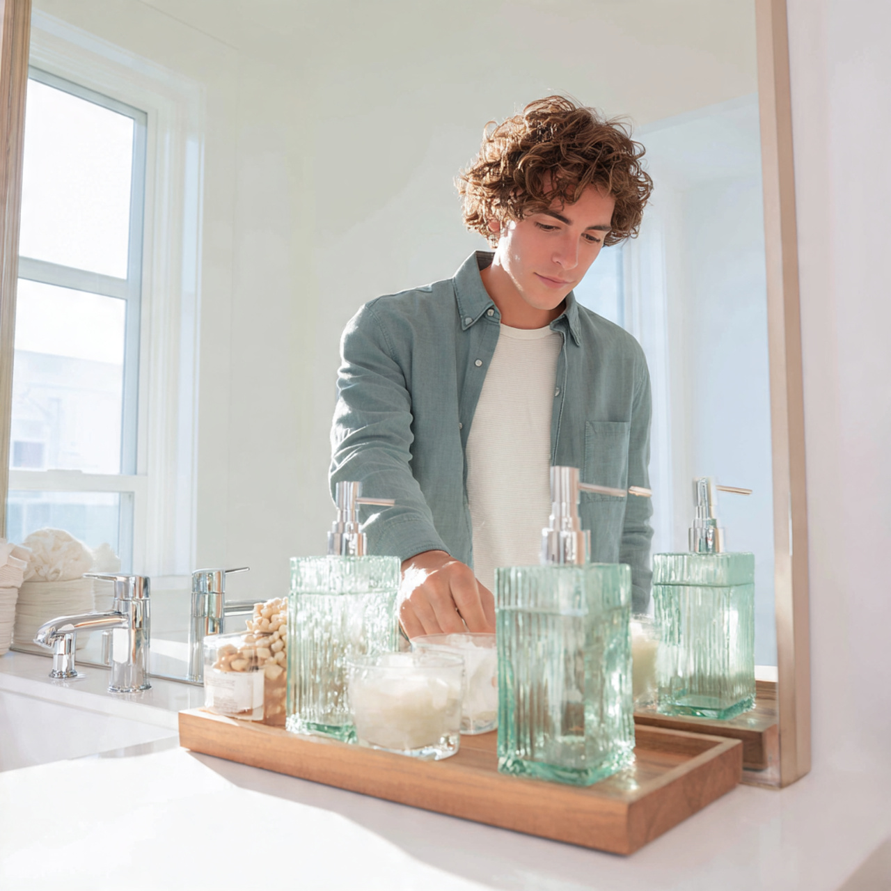 a bright bathroom vanity with seafoam green glass