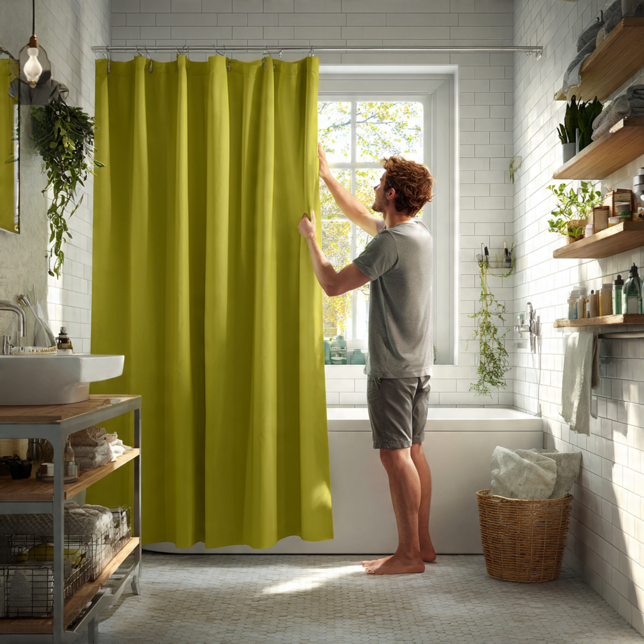 a bright bathroom with chartreuse shower curtains