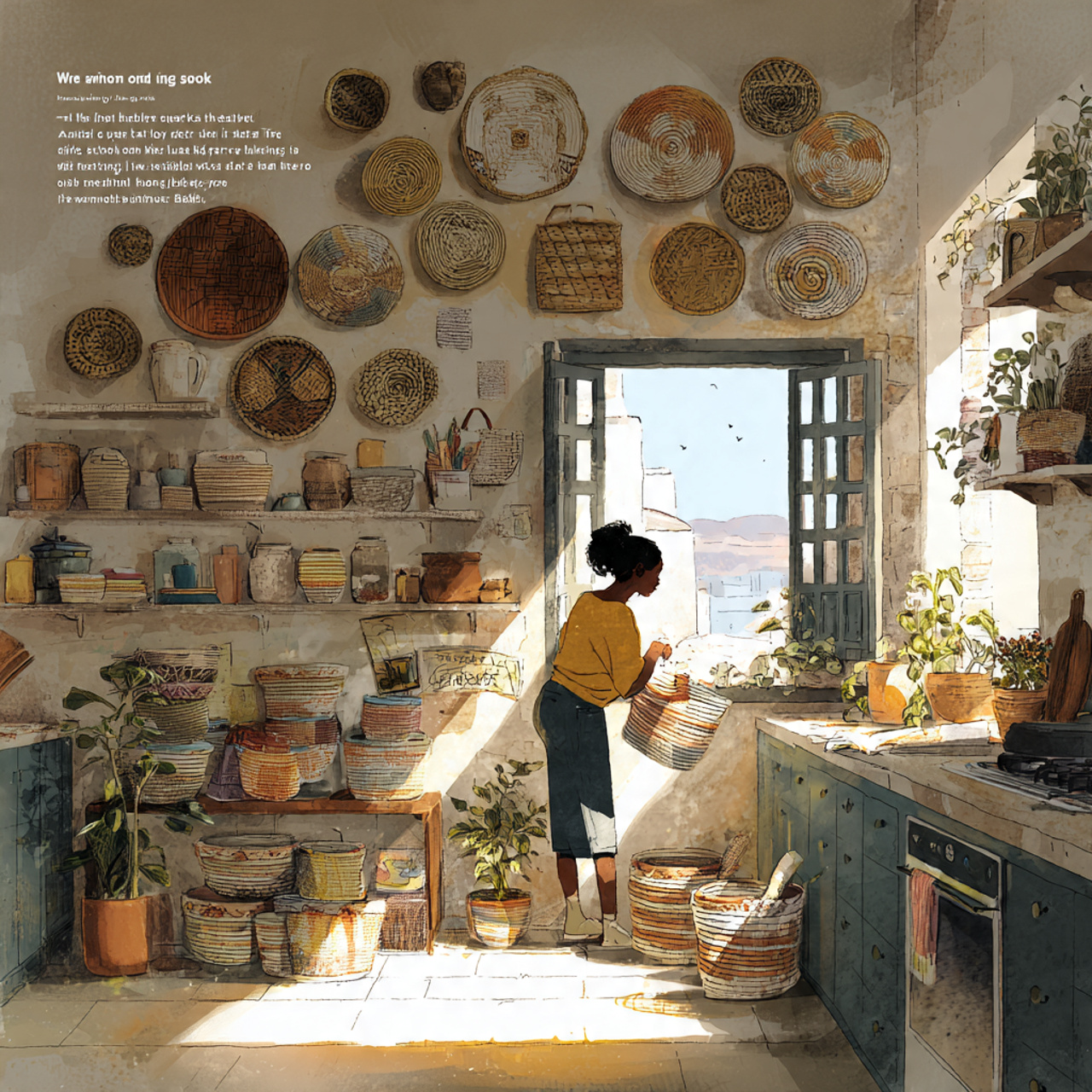 a bright eclectic kitchen featuring a wall covered