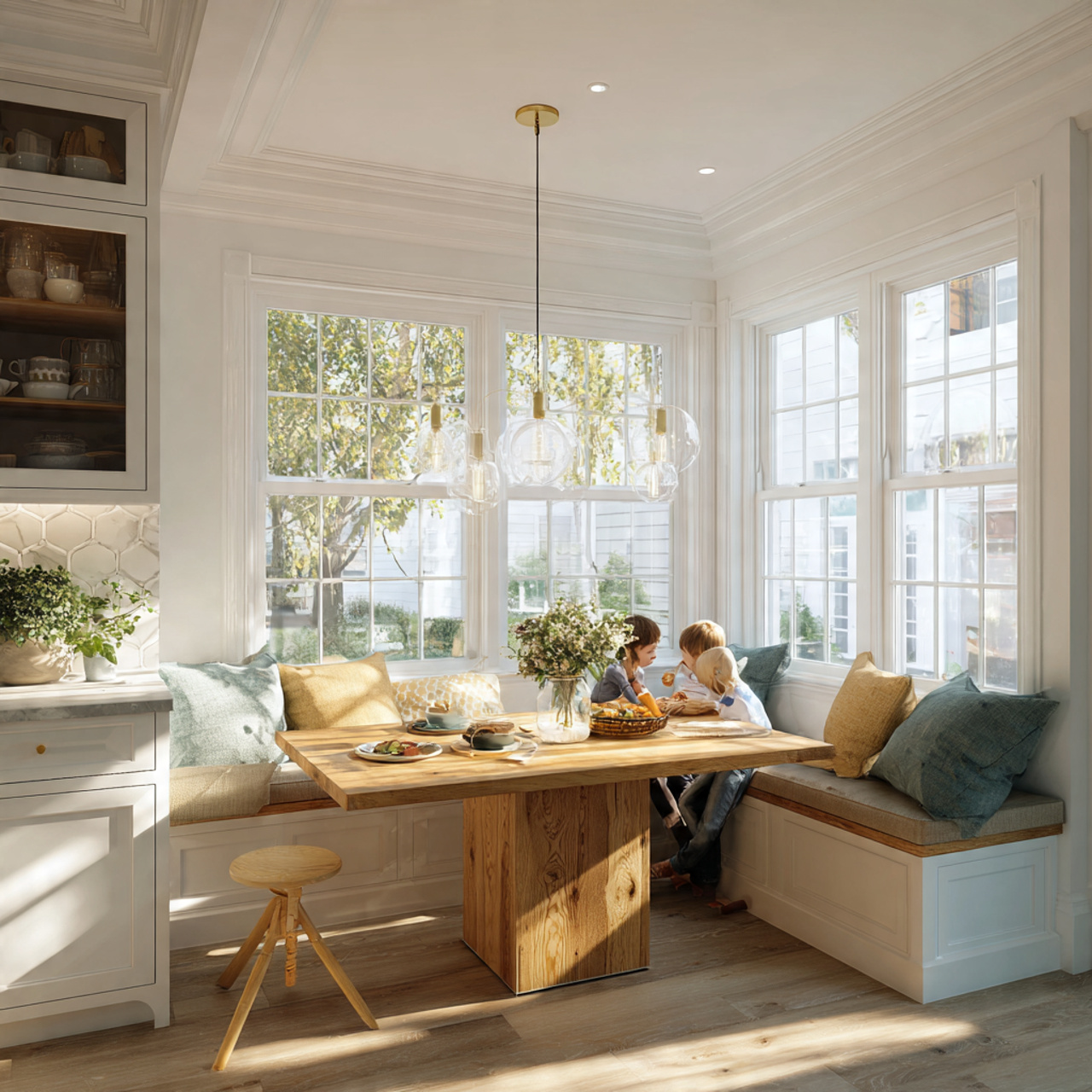 a bright kitchen corner with a built in breakfast