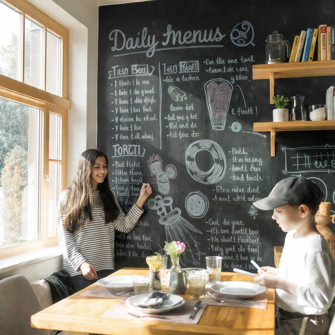 a bright kitchen with a large chalkboard mural dis