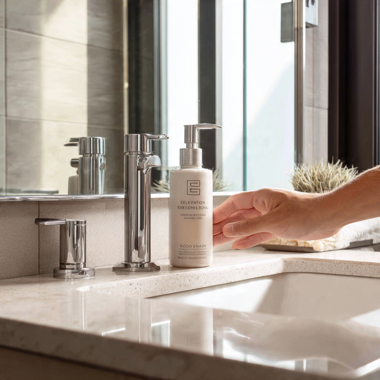 a bright modern bathroom vanity with a sleek grani