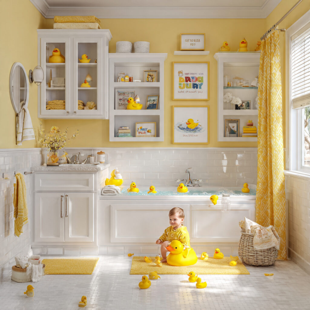 a cheerful kids bathroom decor with classic rubber