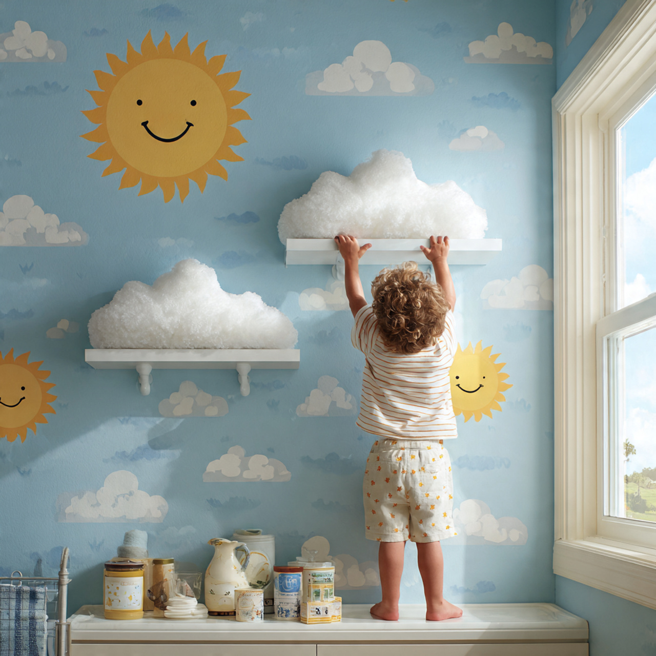 a cheerful kids bathroom decor with sunshine and c