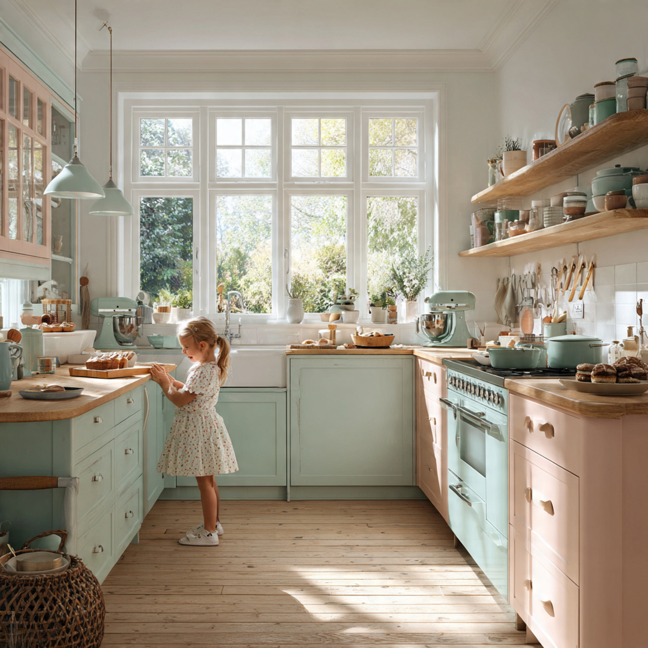 a cheerful kitchen with pastel colored cabinets in