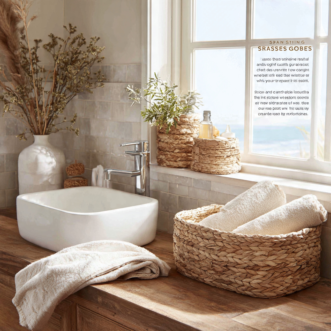 a coastal inspired bathroom sink with small woven