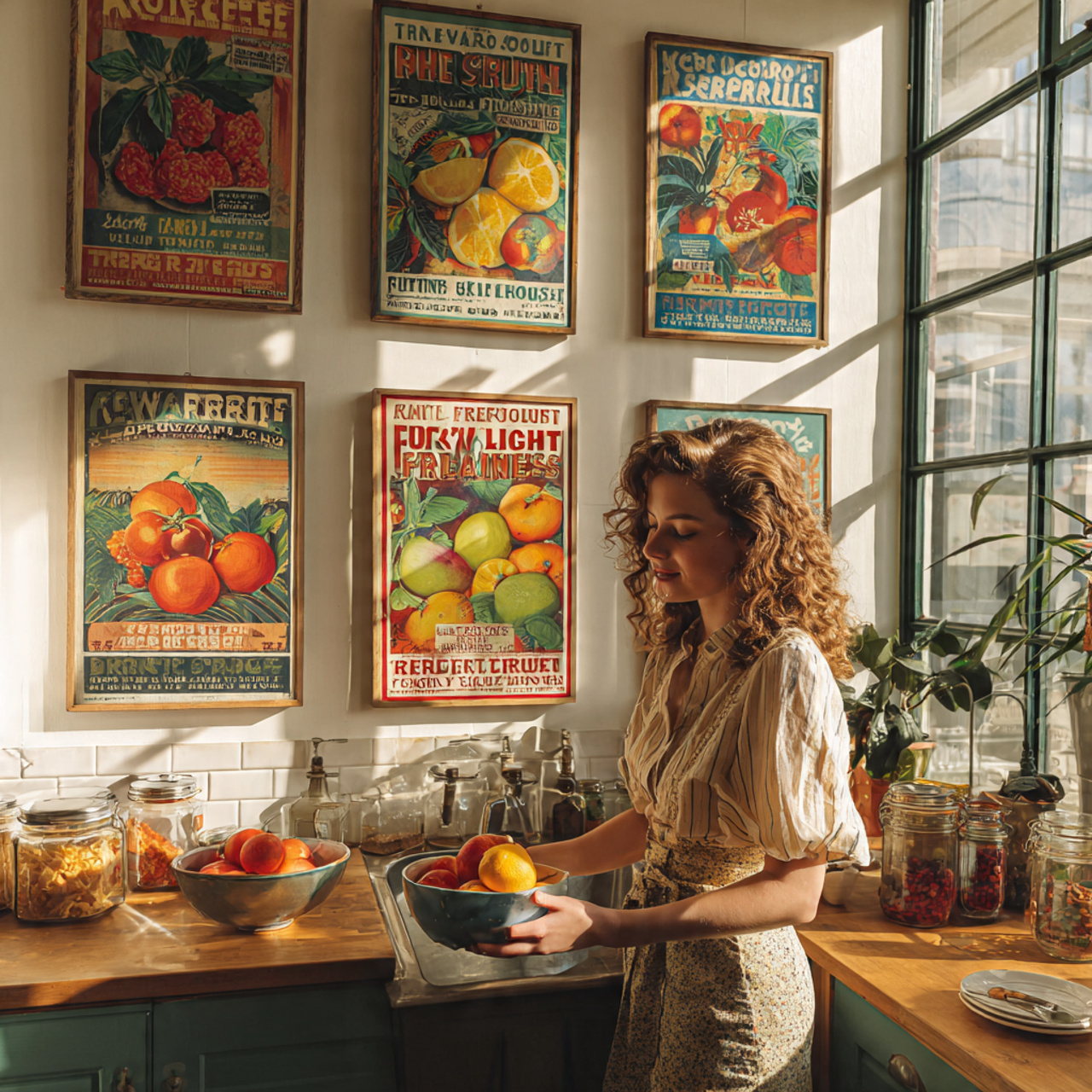 a colorful kitchen with vintage retro fruit crate