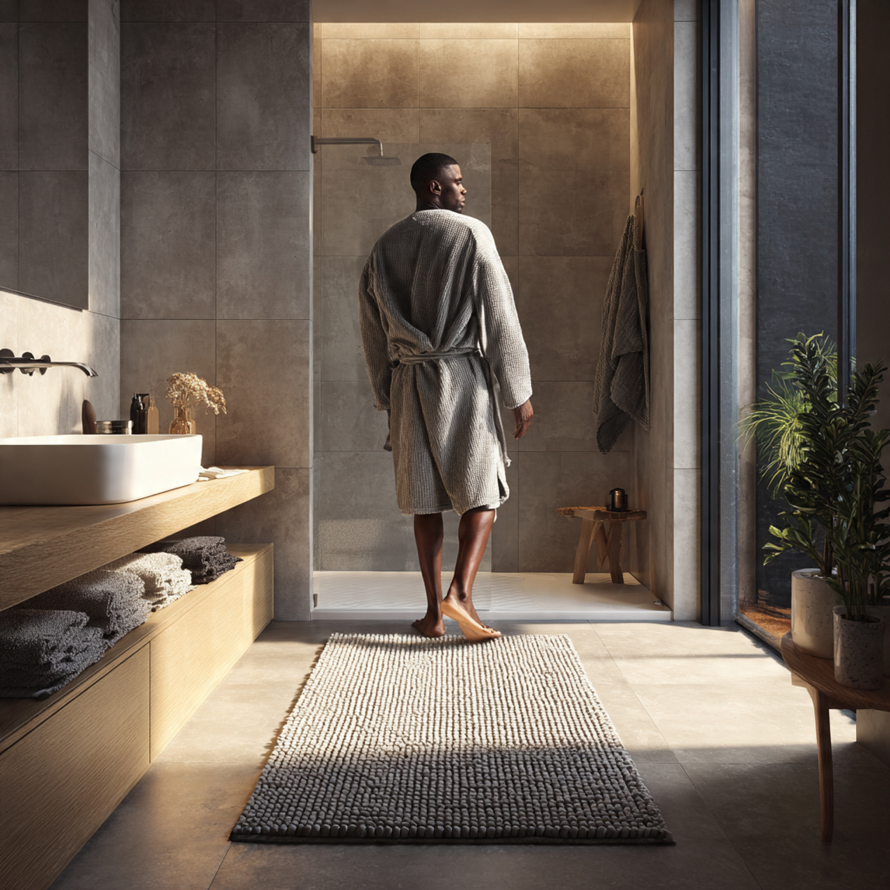 a contemporary apartment bathroom with plush monoc