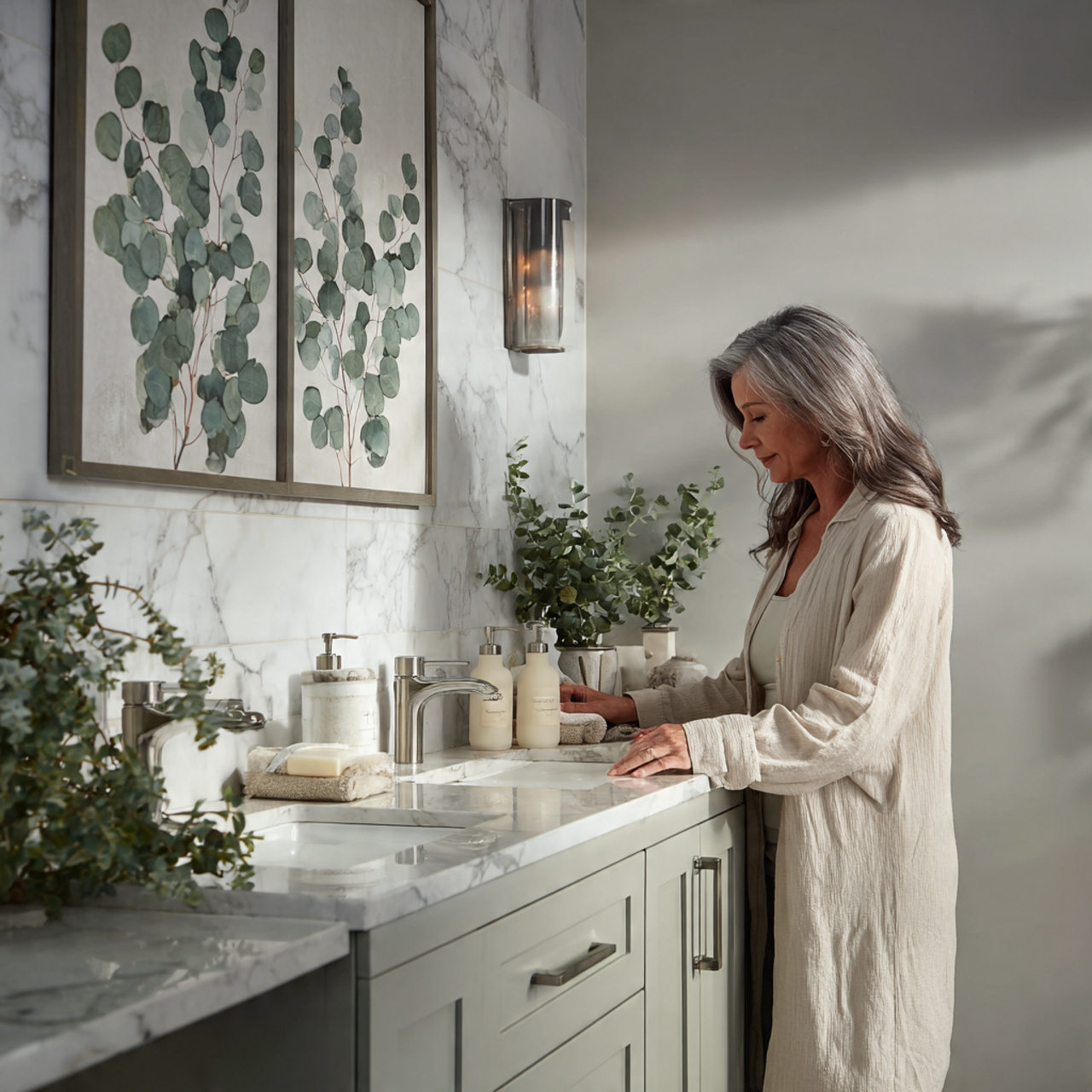 a contemporary bathroom featuring eucalyptus leaf