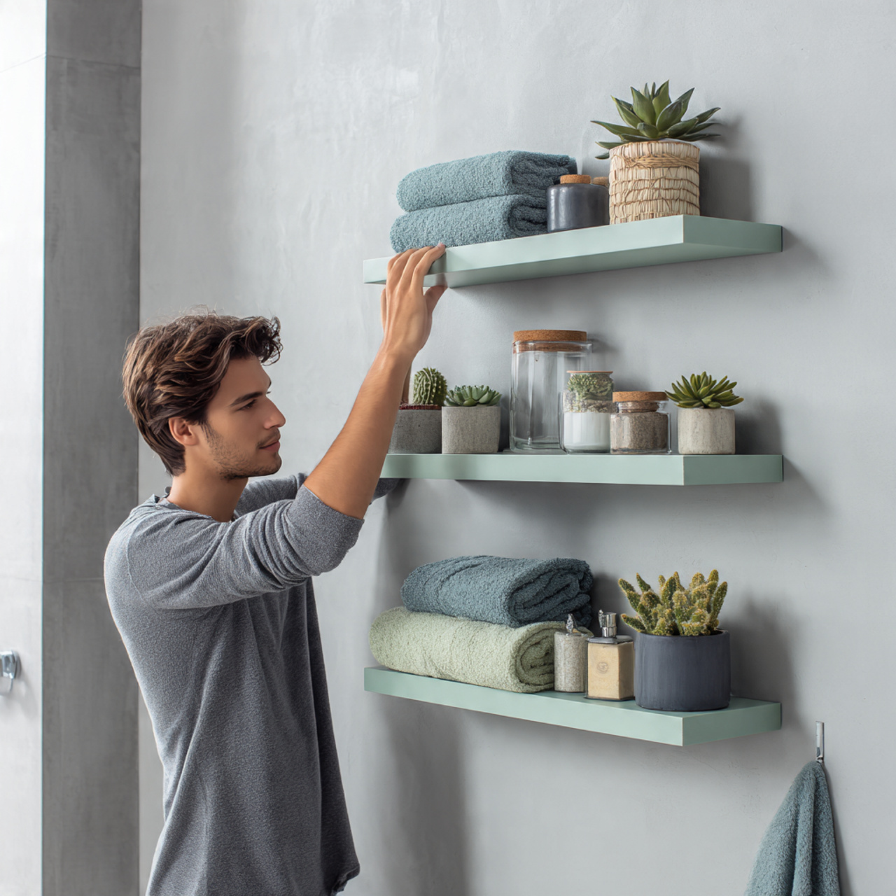 a contemporary bathroom wall with mint green float