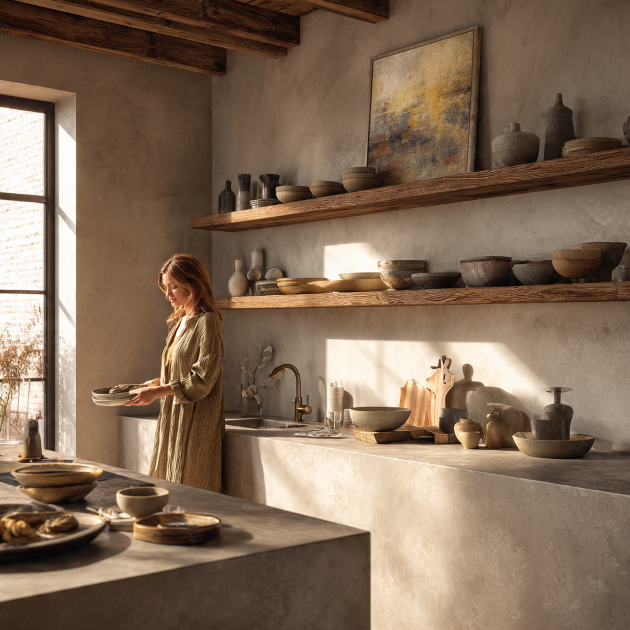 a contemporary kitchen with thick floating timber
