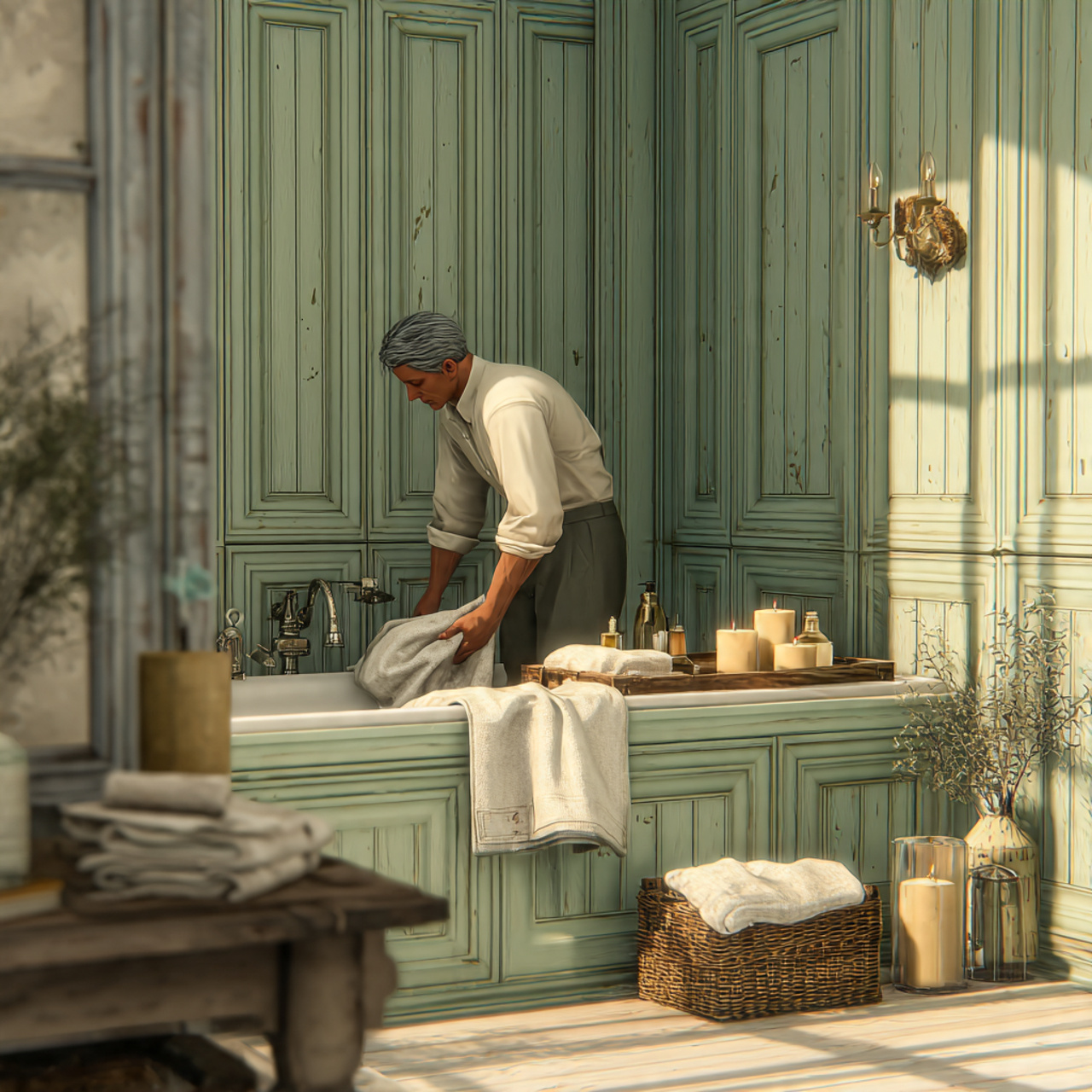 a cozy bathroom with pistachio green wainscoting a