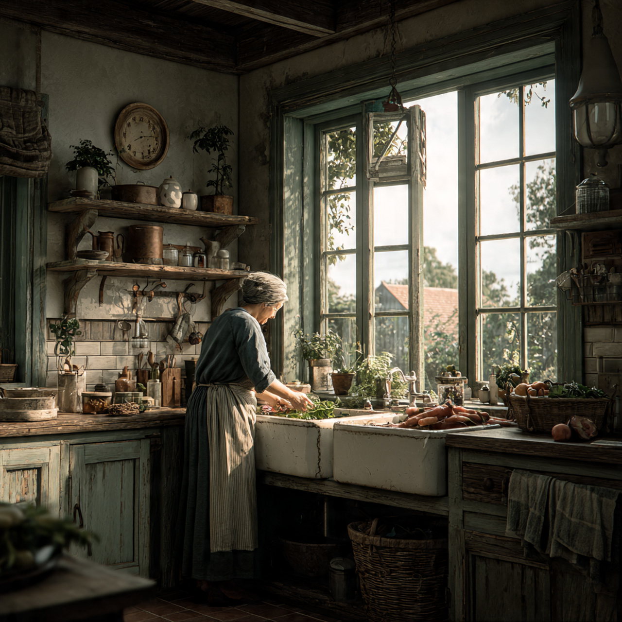 a cozy farmhouse kitchen featuring a deep white fi
