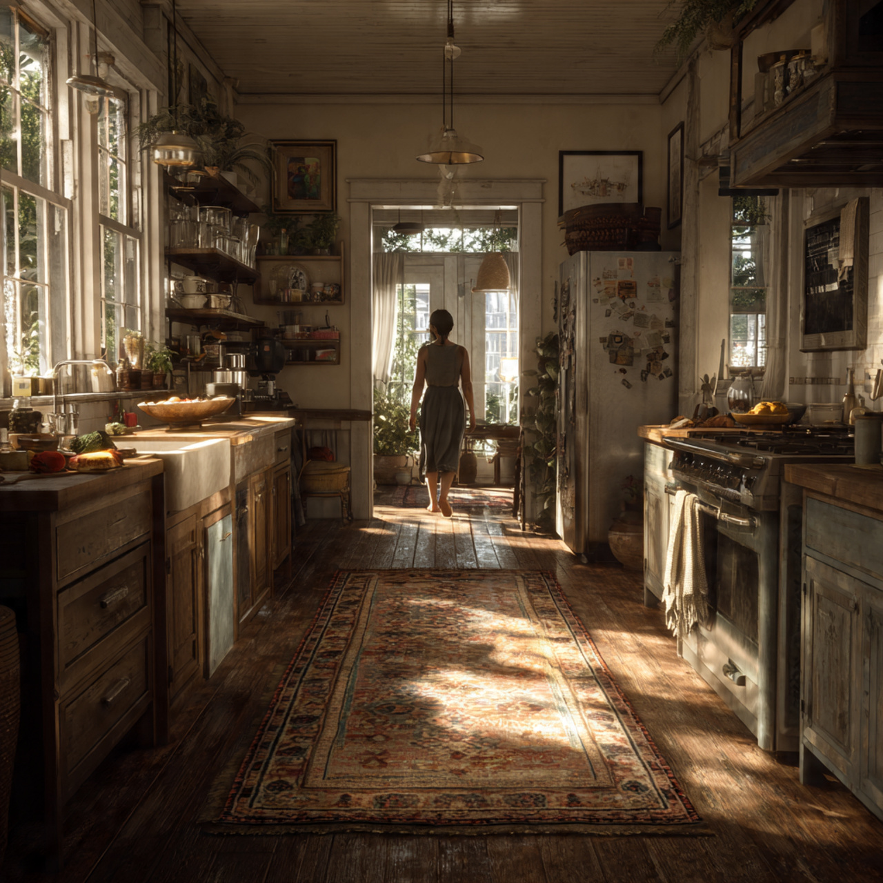 a cozy kitchen featuring an antique runner rug alo