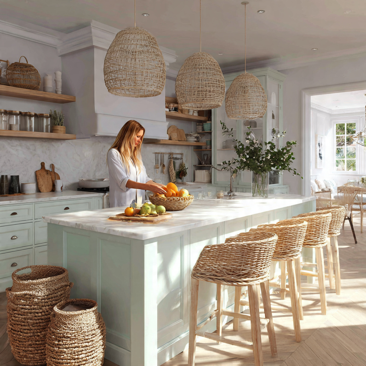 a light airy kitchen incorporating woven rattan ba