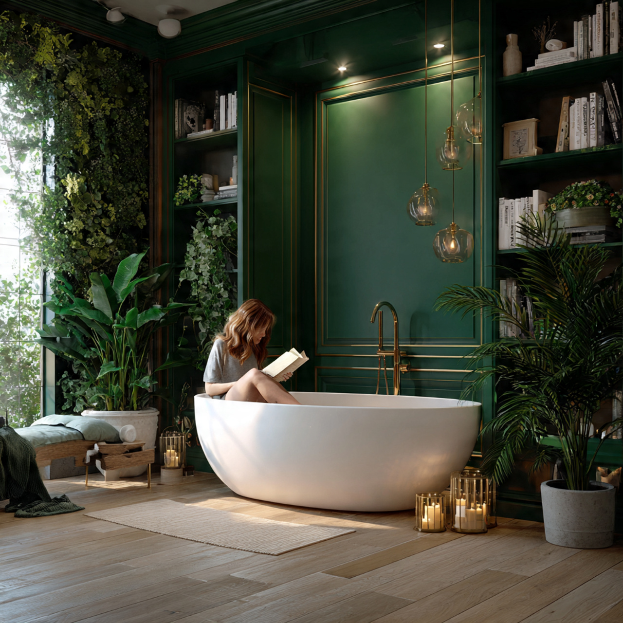 a luxurious bathroom featuring a forest green acce