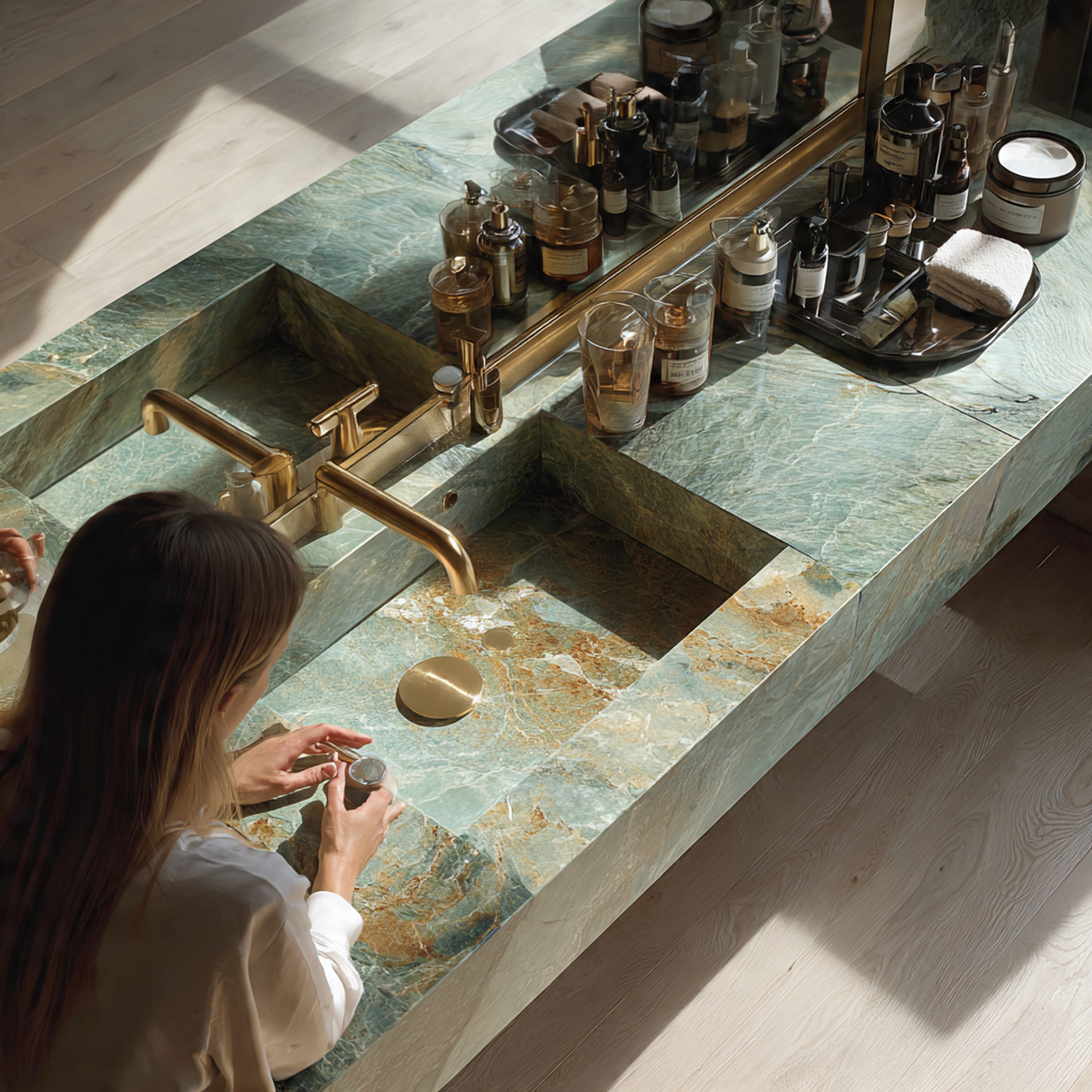 a luxurious bathroom vanity featuring jade green m