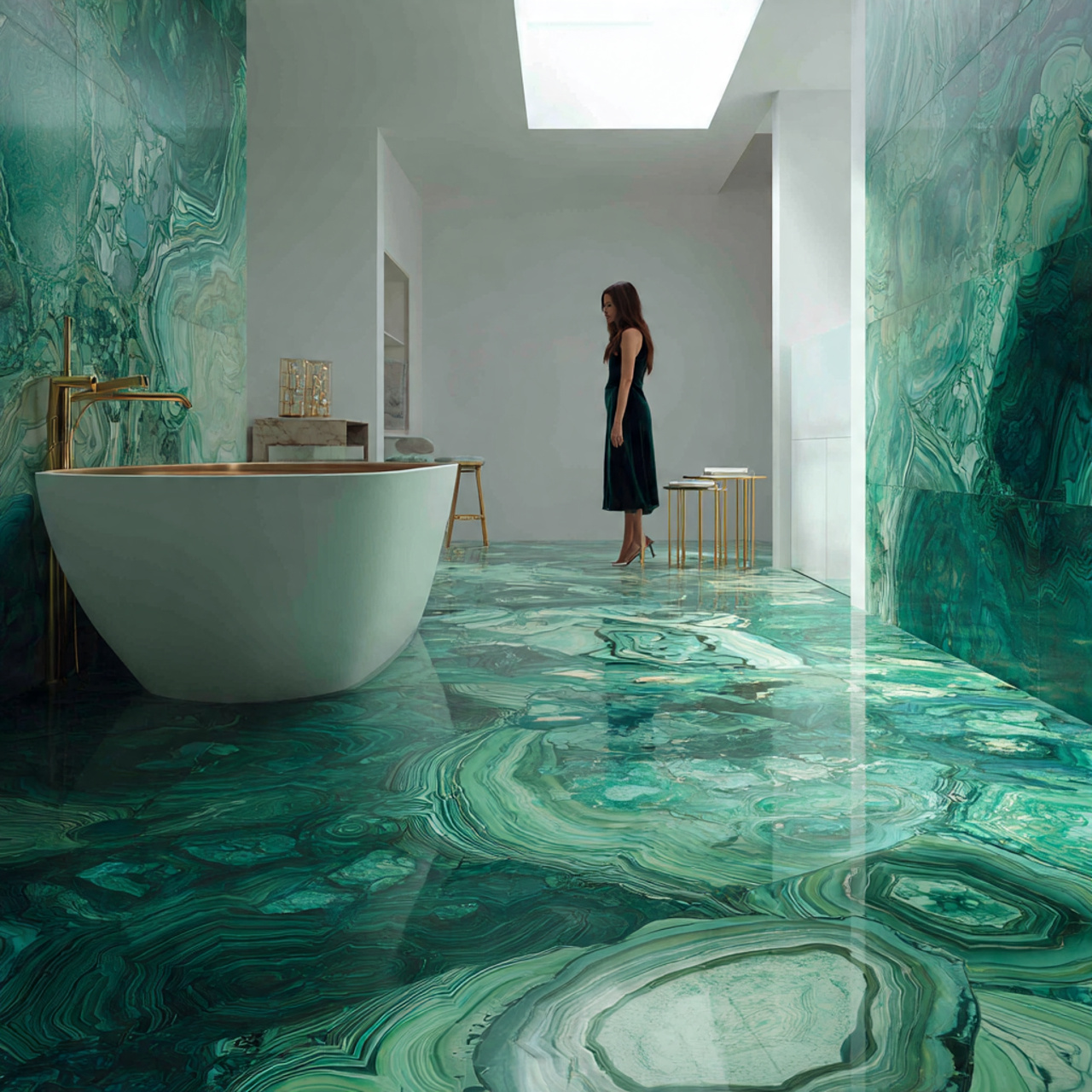 a luxurious bathroom with malachite inspired floor