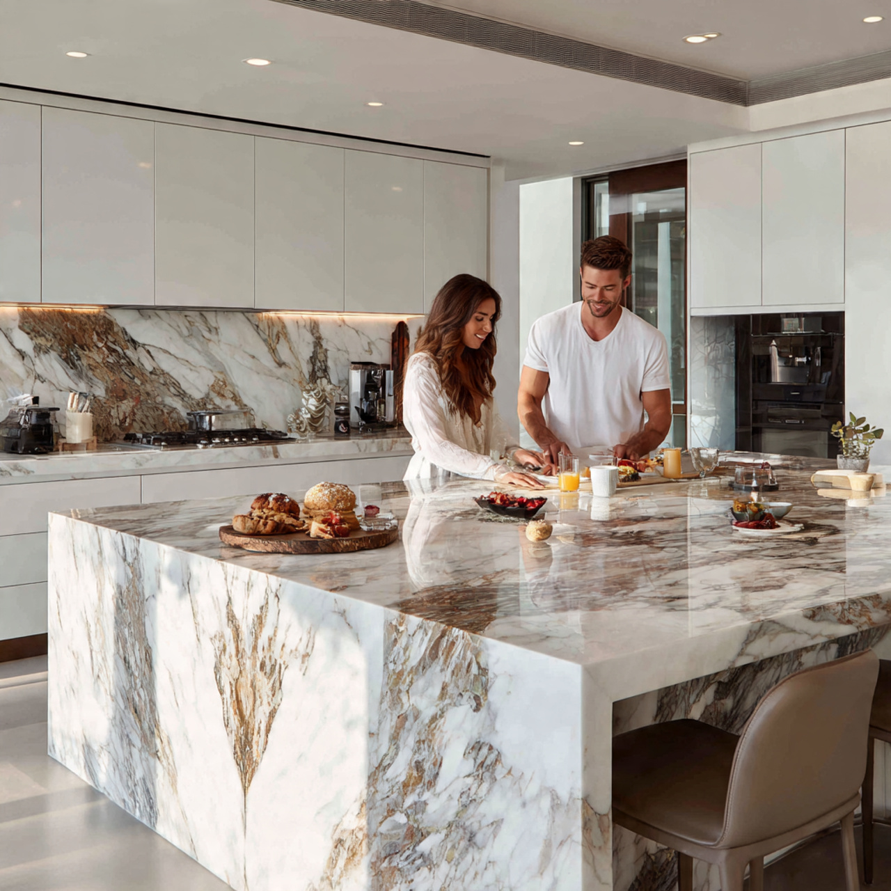 a luxurious open concept kitchen featuring a marbl