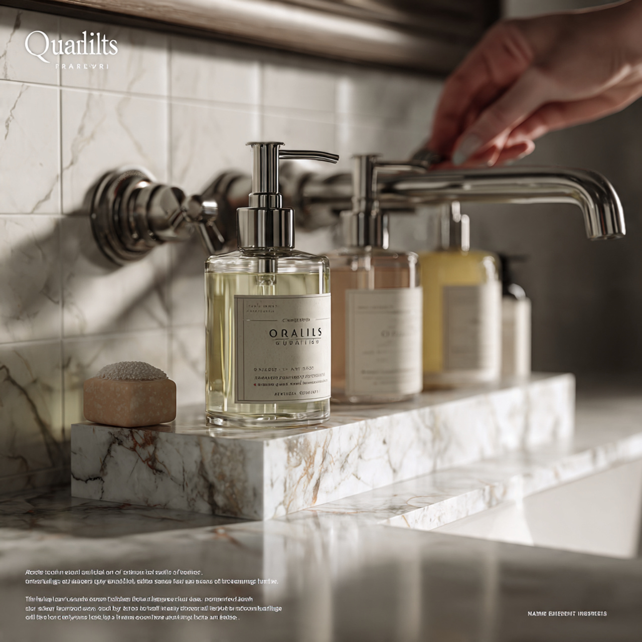 a luxury bathroom sink with products elevated on p