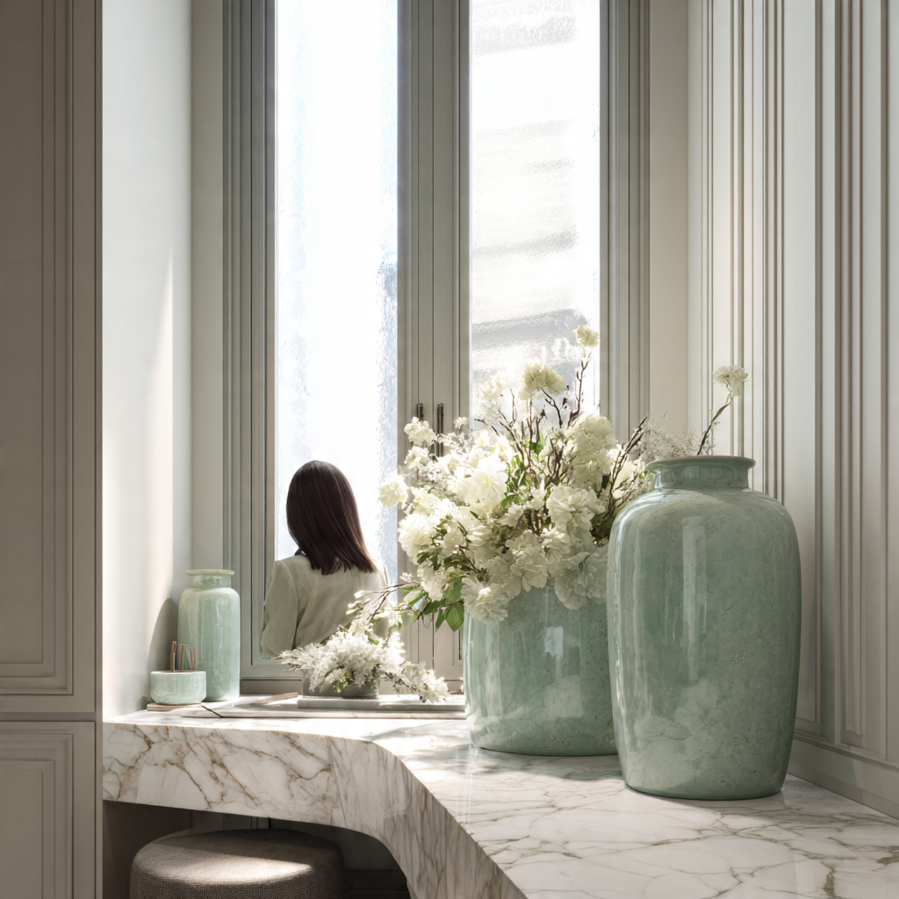 a minimalist bathroom featuring celadon ceramic va