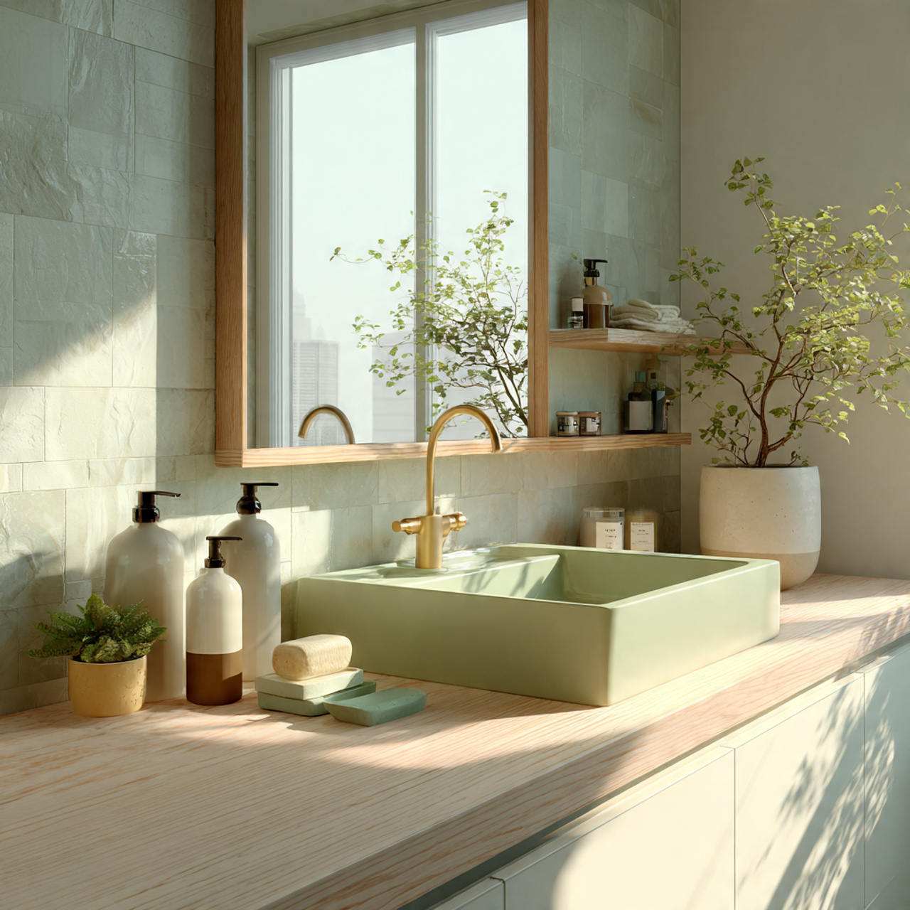 a minimalistic bathroom vanity featuring pear gree