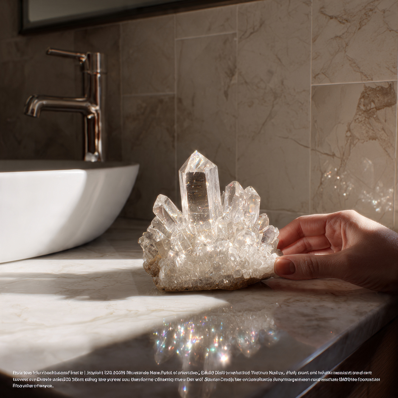 a modern bathroom countertop with a crystal quartz