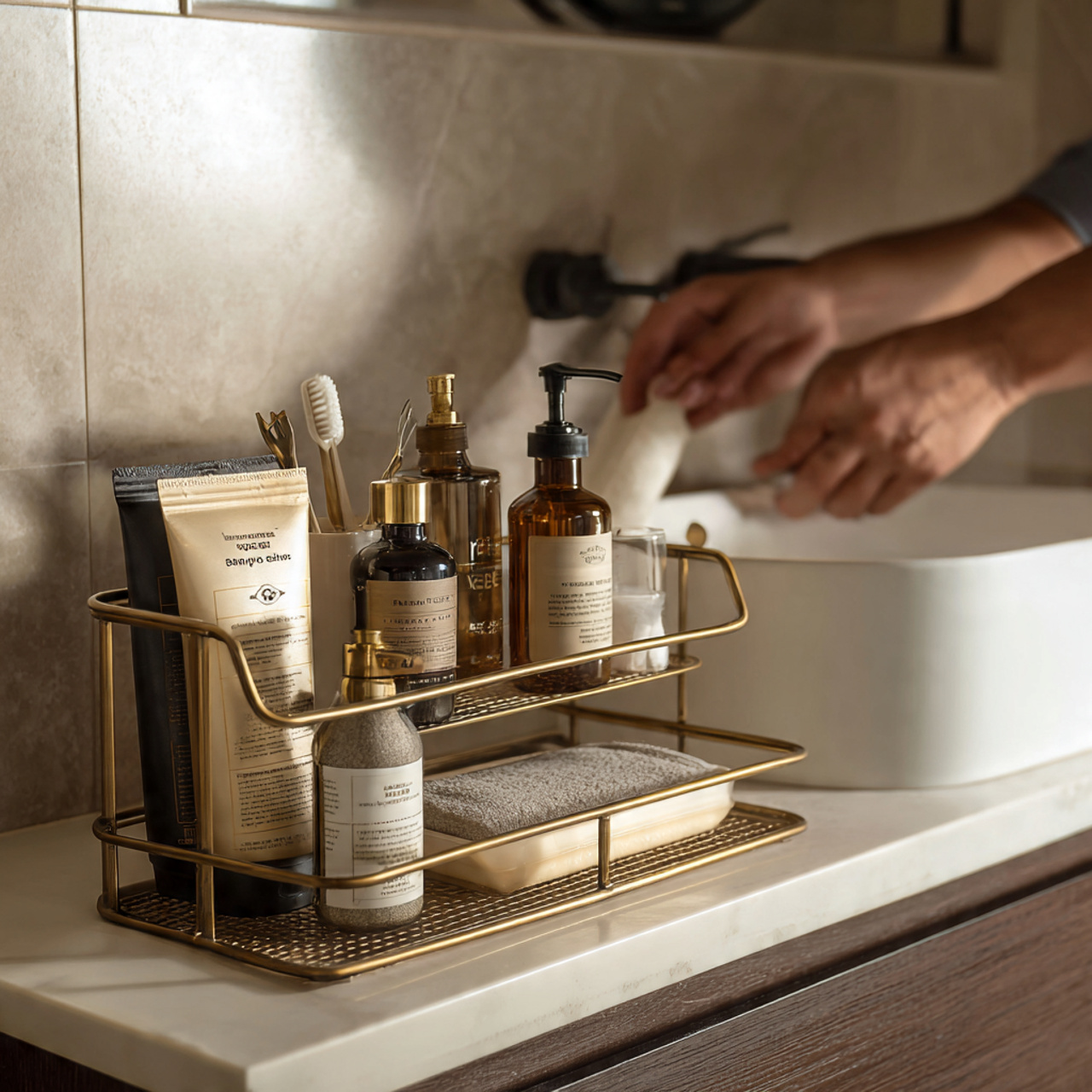 a modern bathroom countertop with a gold tiered me