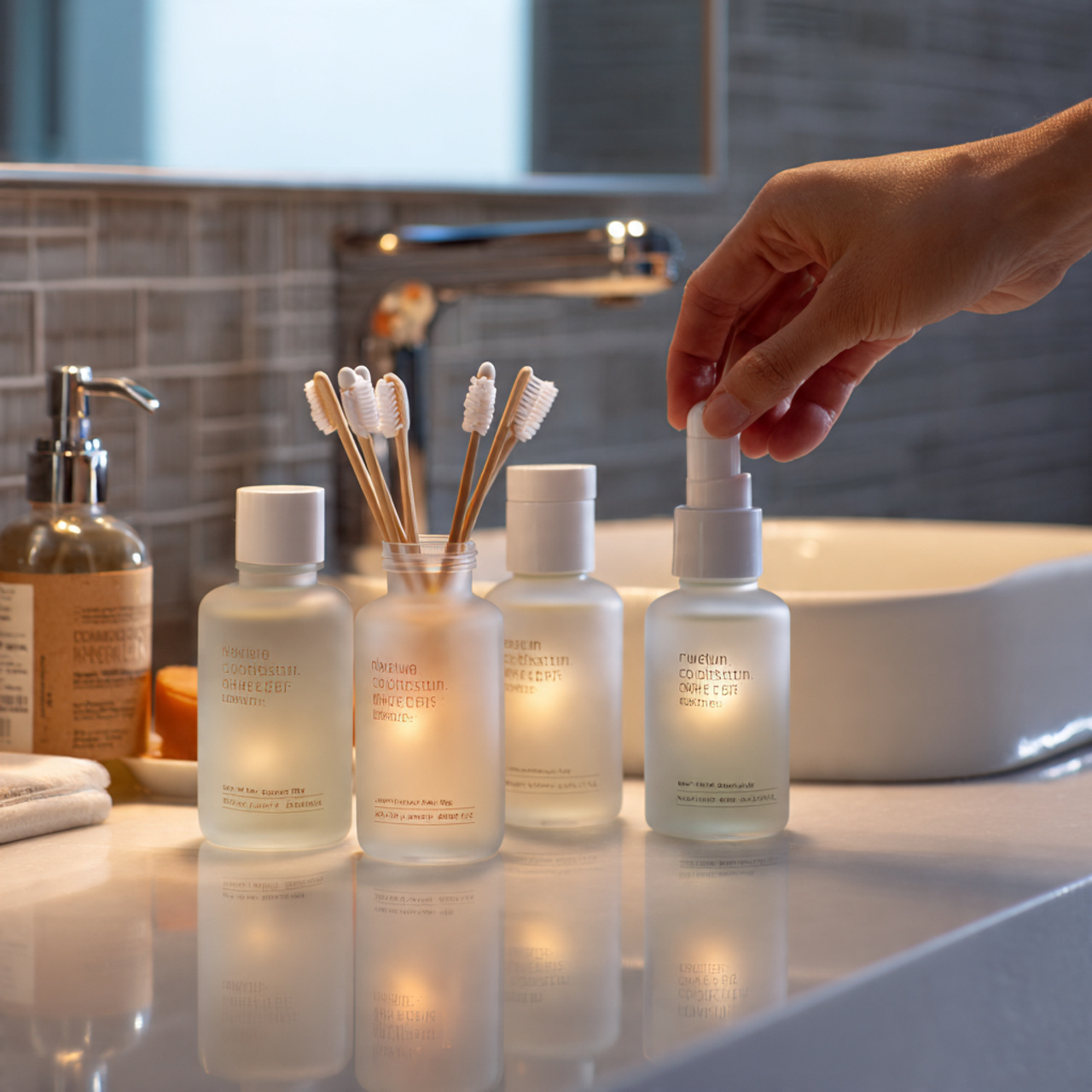 a modern bathroom countertop with frosted glass st