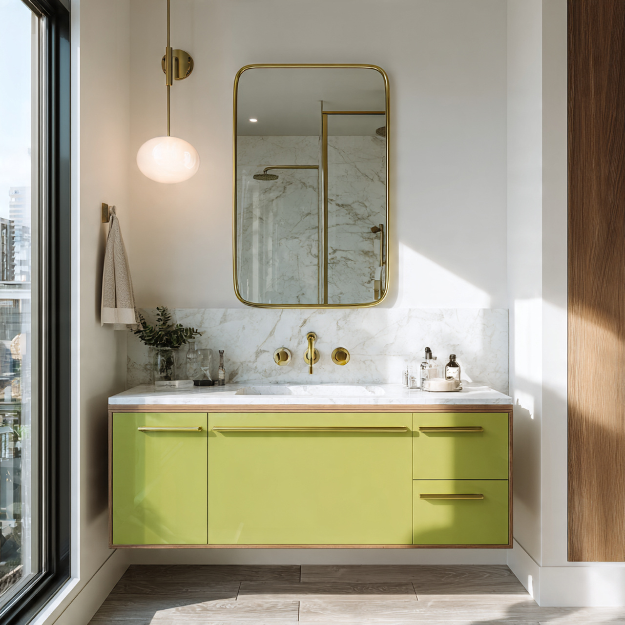 a modern bathroom featuring a lime green statement