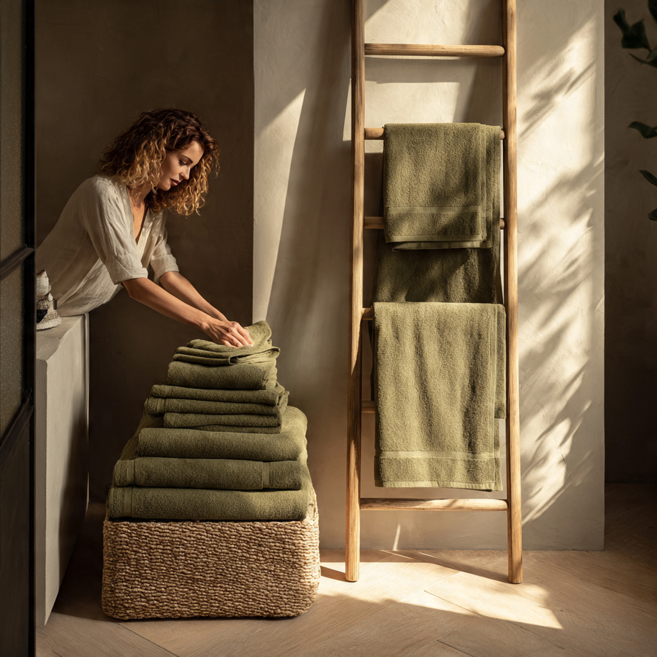 a modern bathroom featuring olive green linen towe