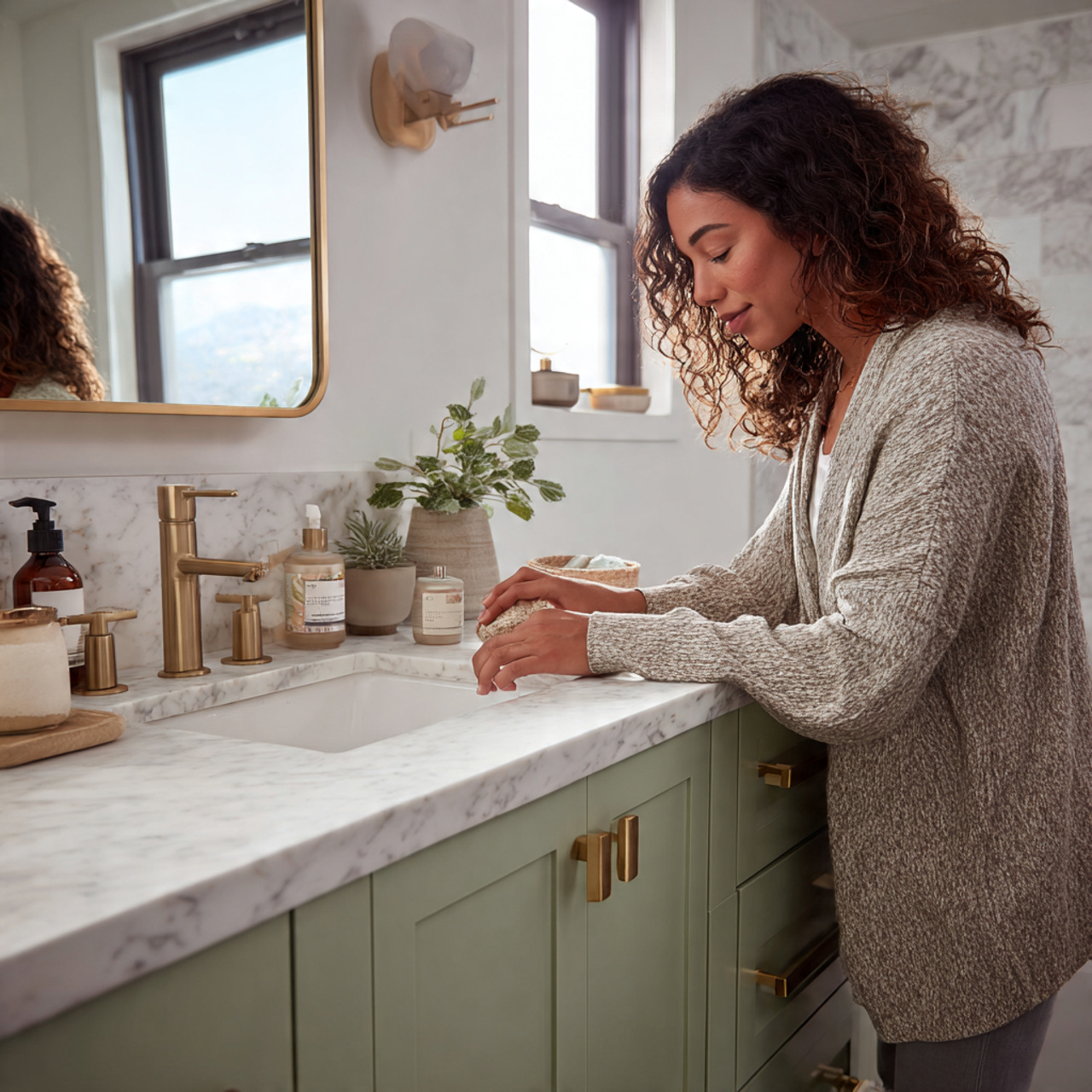a modern bathroom featuring sage green vanity cabi
