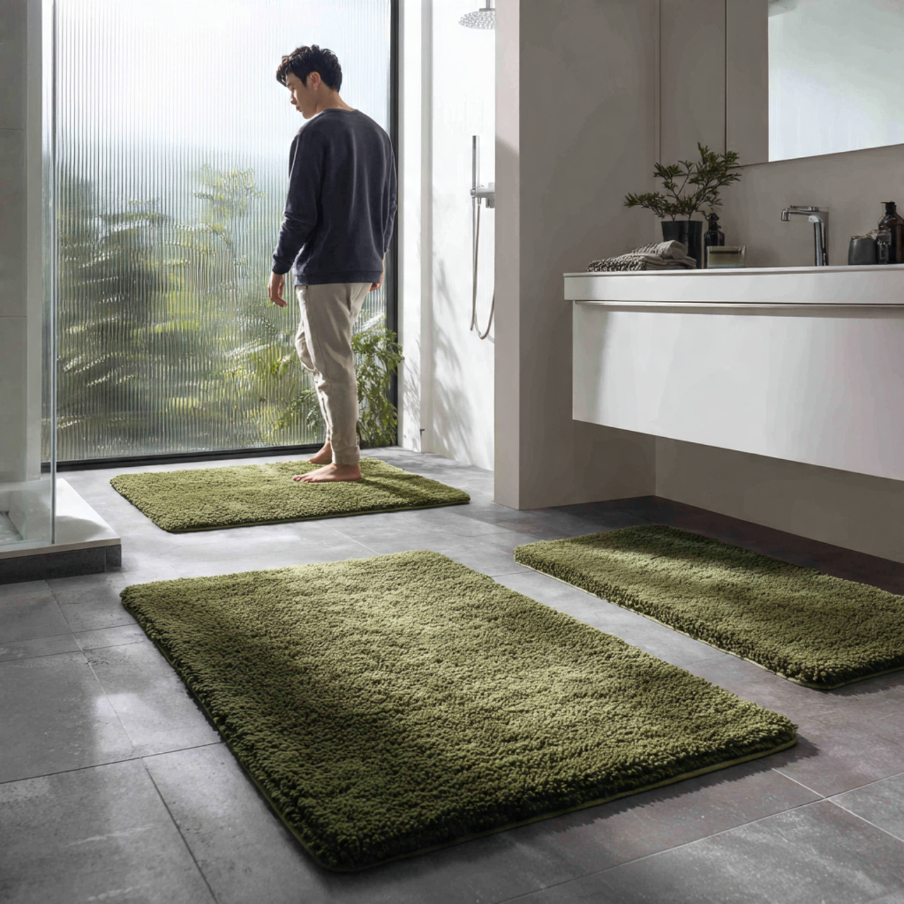 a modern bathroom floor with plush moss green bath