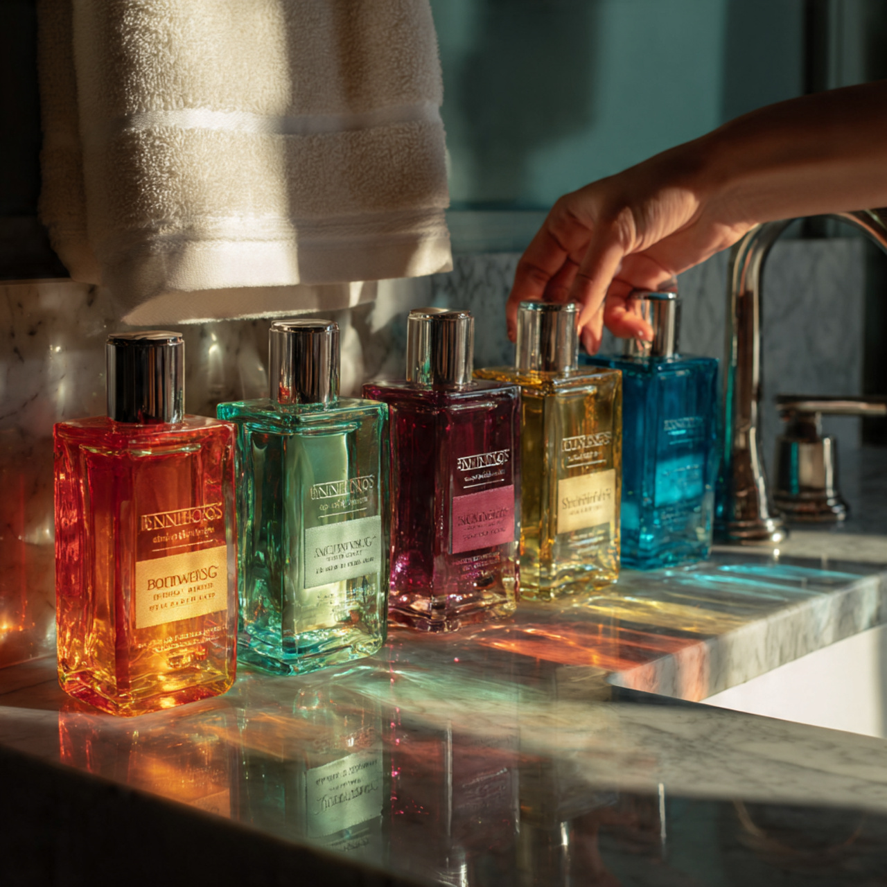 a modern bathroom sink with a collection of transl