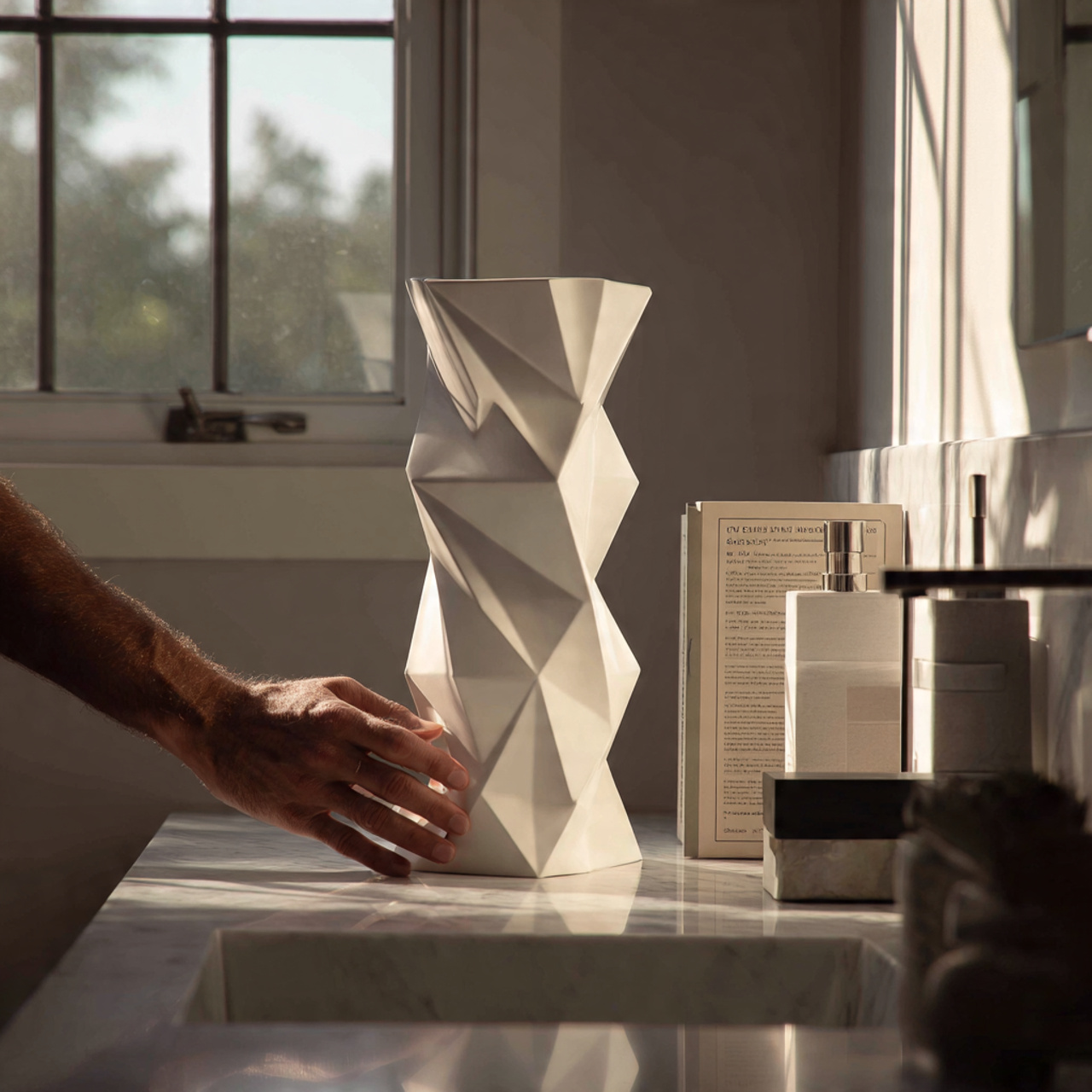 a modern bathroom sink with a sculptural geometric