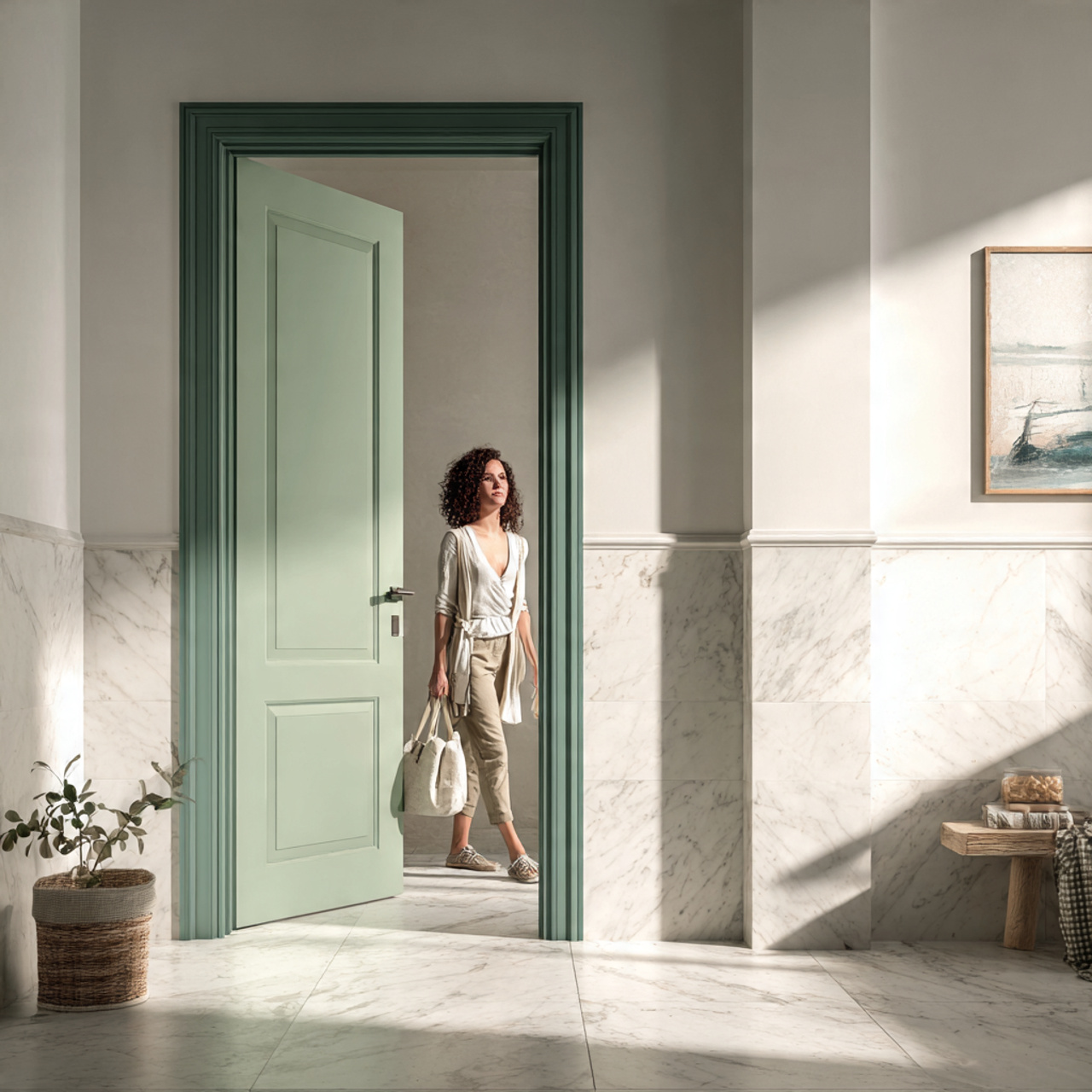 a modern bathroom with juniper green door trim fra