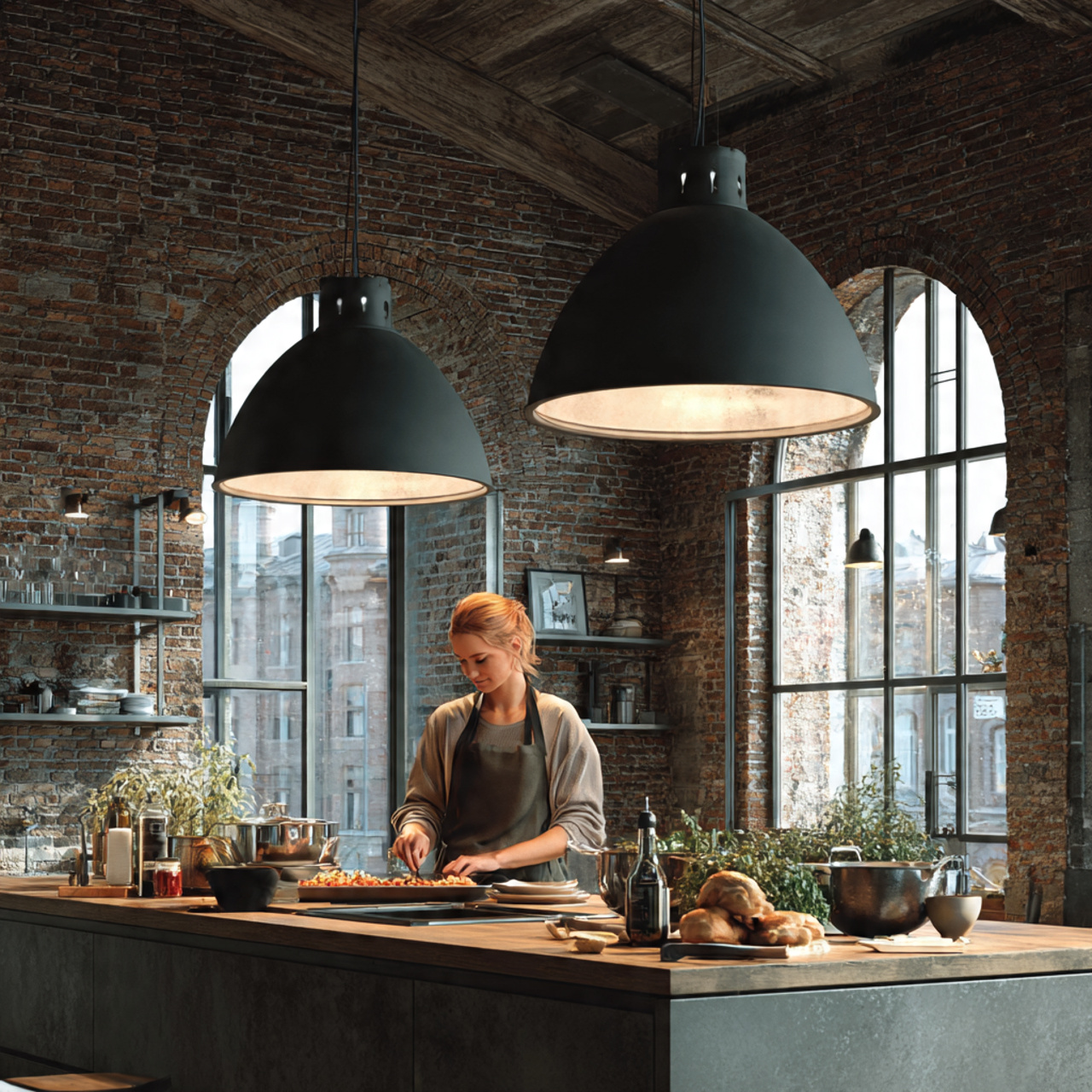 a modern industrial kitchen with exposed brick wal