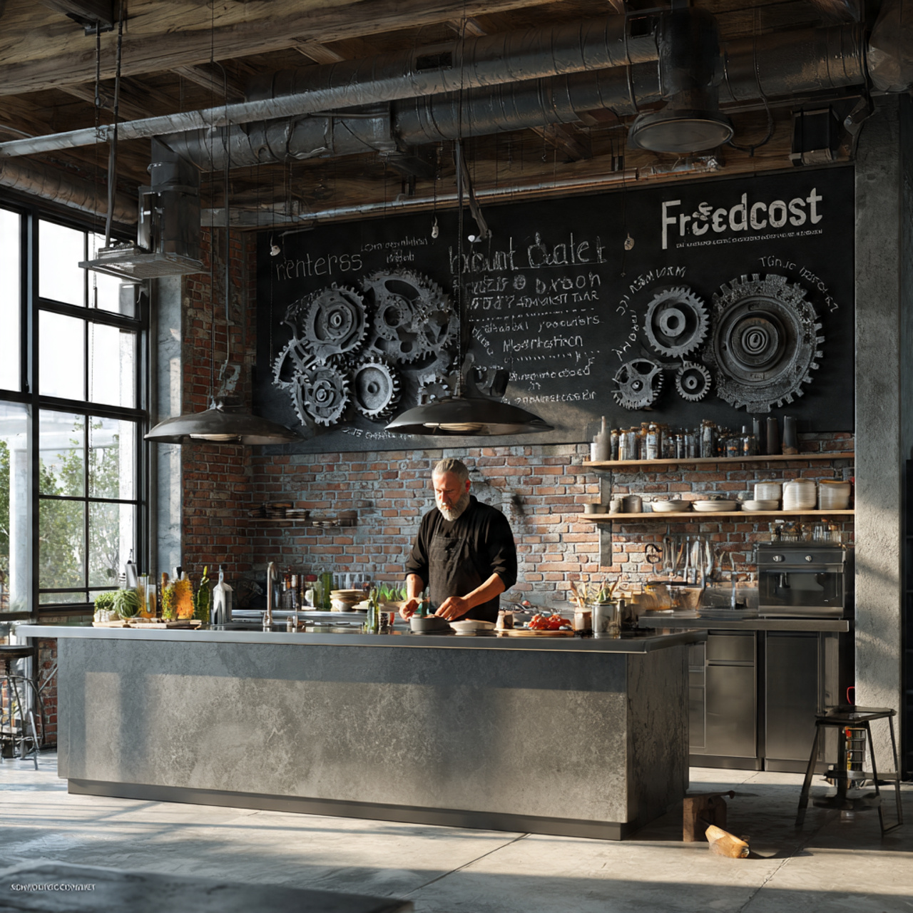 a modern industrial kitchen with salvaged metal ge
