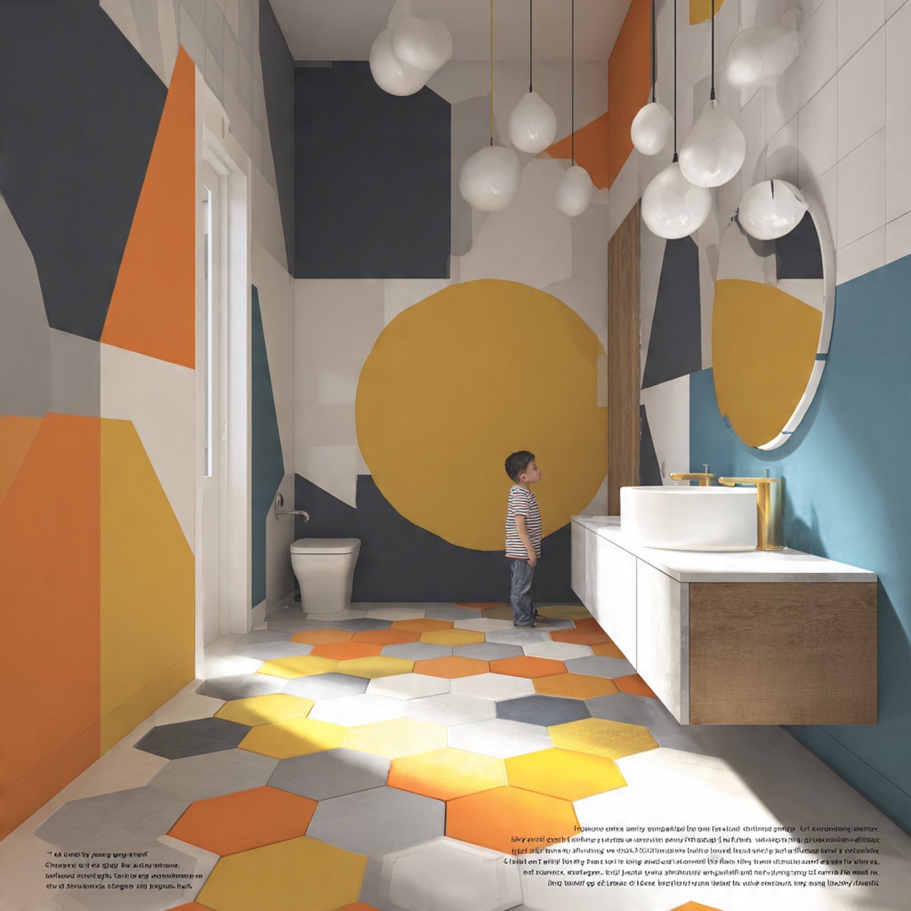 a modern kids bathroom decor with bold geometric s