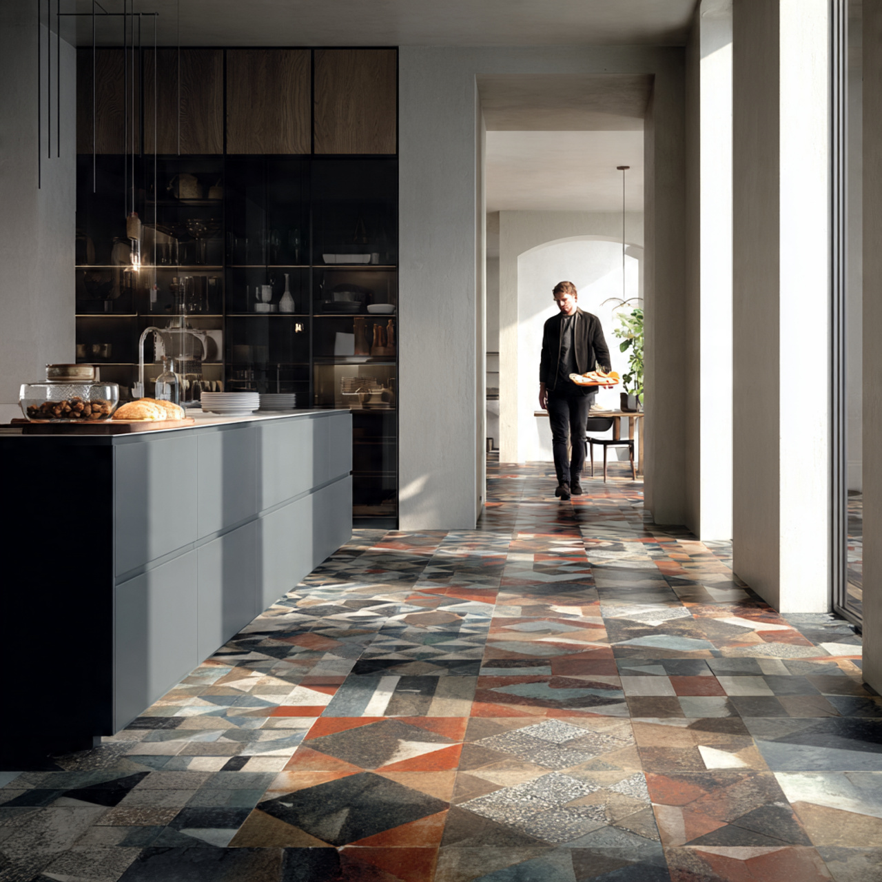 a modern kitchen with bold geometric patterned til