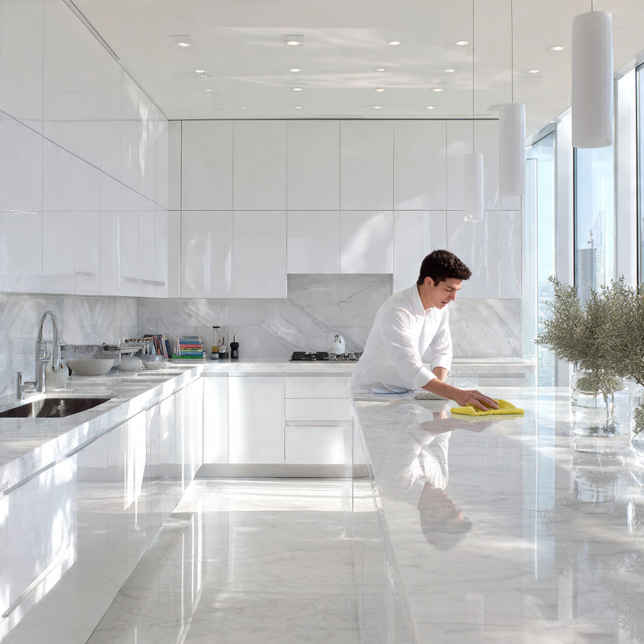 a modern kitchen with high gloss white cabinetry a