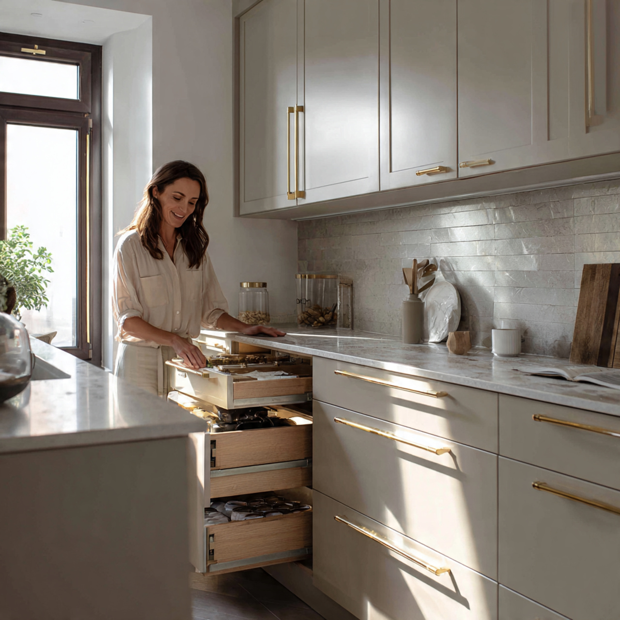 a modern kitchen with neutral cabinetry enhanced b