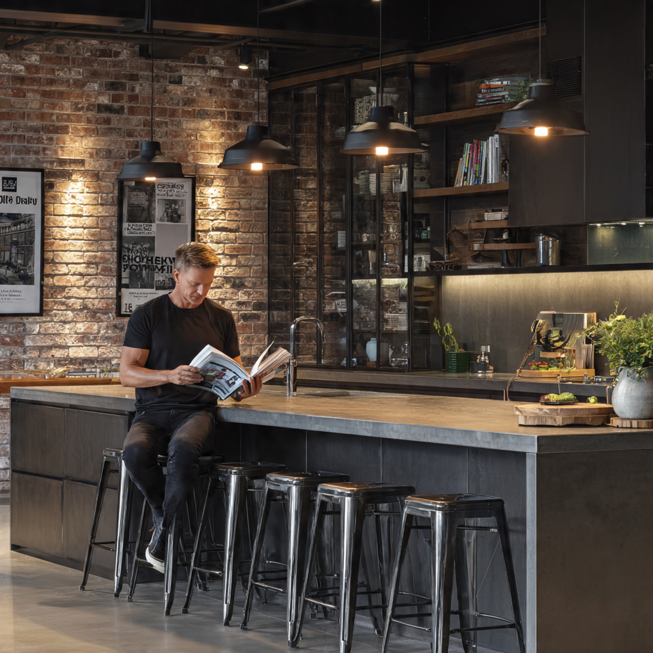 a modern loft style kitchen featuring a row of ind