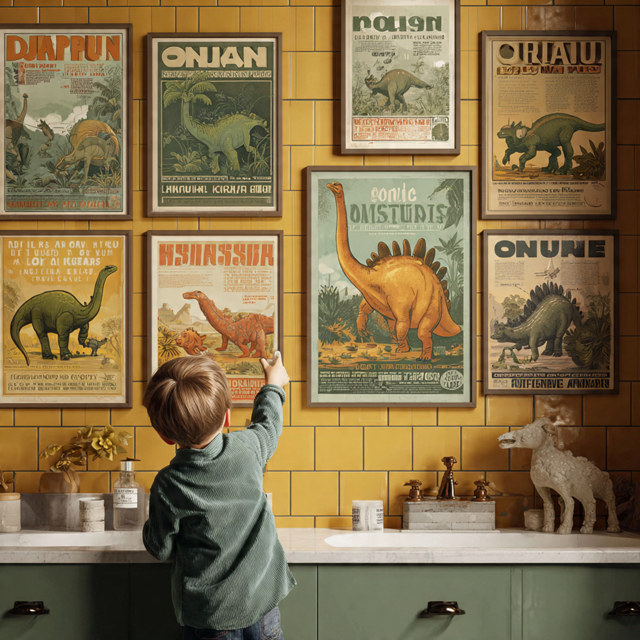 a realistic kids bathroom decor featuring retro di
