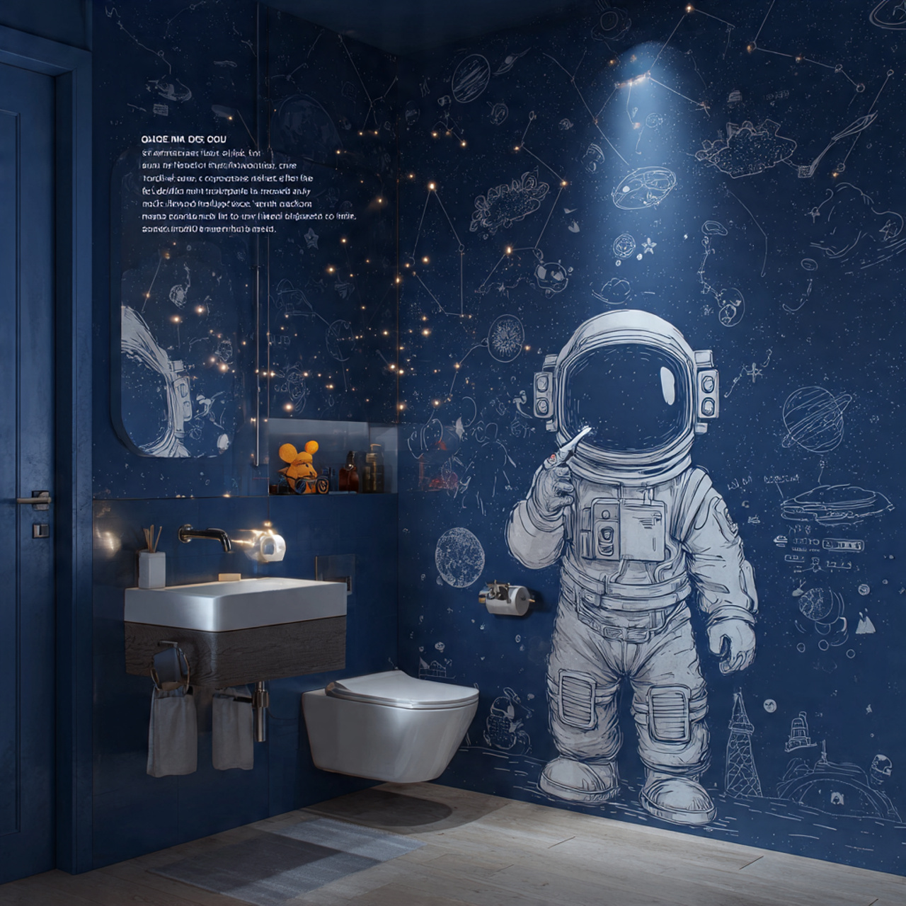 a realistic kids bathroom decor with a galactic sp