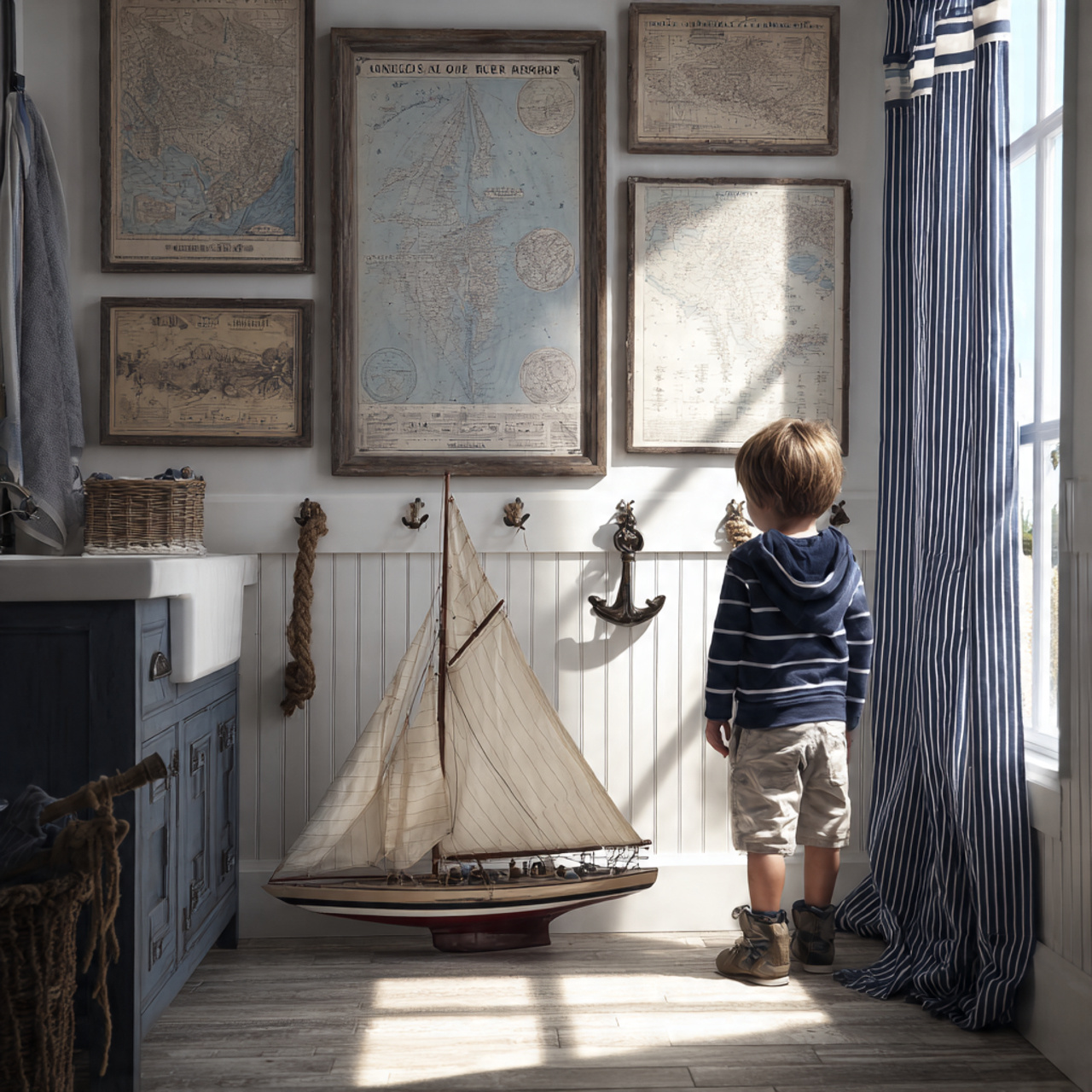 a realistic kids bathroom decor with a nautical sa