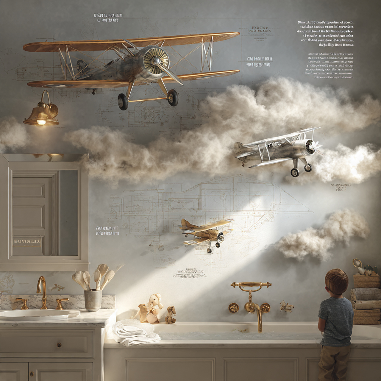 a realistic kids bathroom decor with aviation and