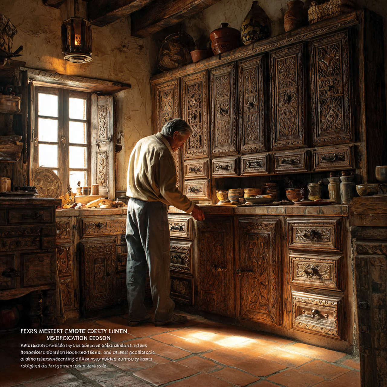 a rustic mexican kitchen featuring heavy carved wo