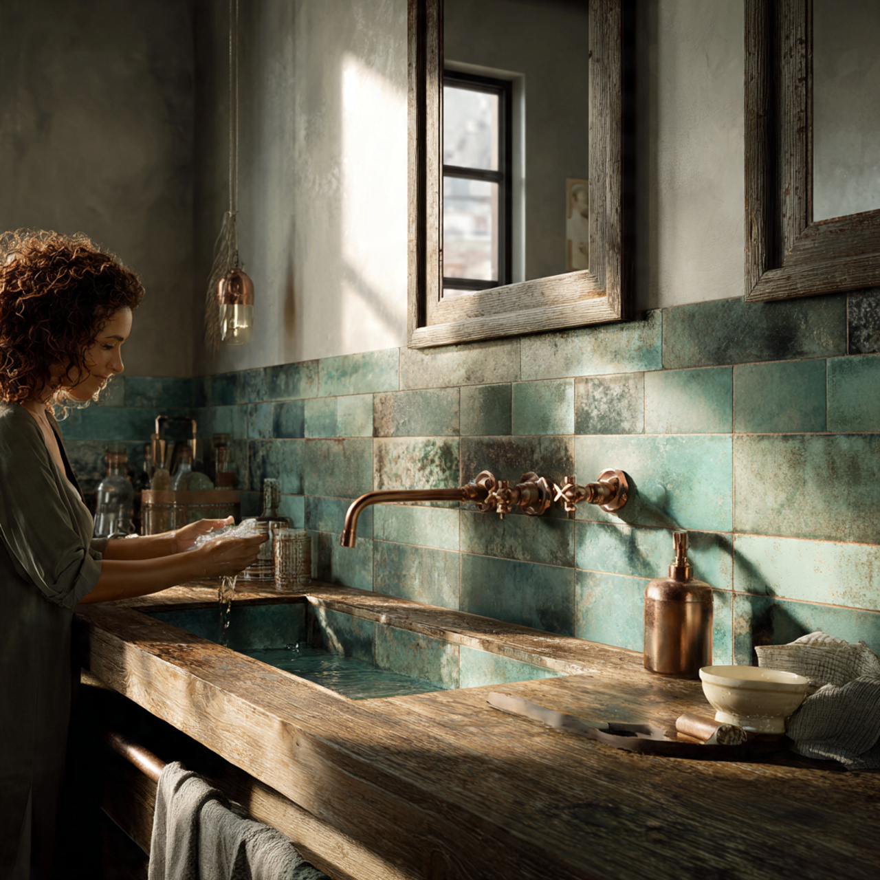 a rustic modern bathroom with verdigris copper