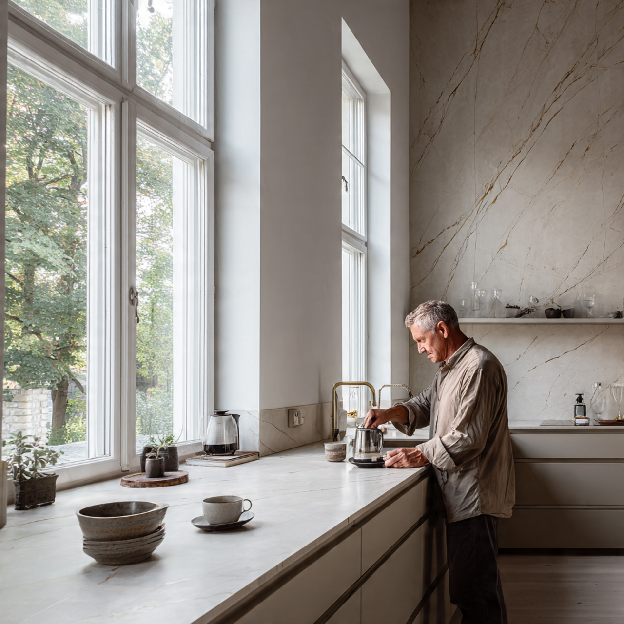a serene kitchen with minimalist stone countertops